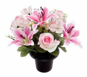 Cemetery Pot With Pink Lily Rose And Alstro Assorted 18262 P